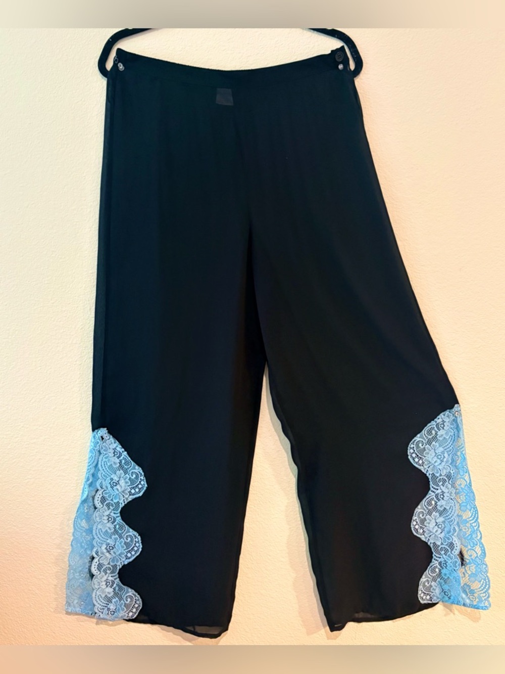 Black Sheer Wide Leg Cover Up Pants Blue Lace Trim Split Swim Resort Coastal